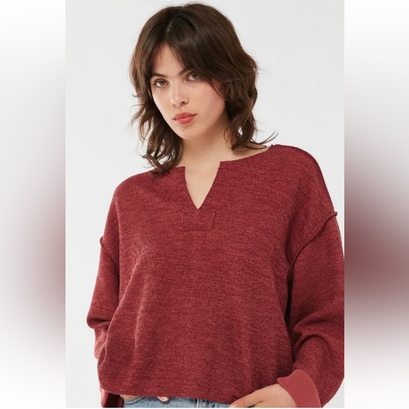 Urban Outfitters Jax Inside Out Notch Maroon Long Sleeve V-Neck Sweater Small - Picture 2 of 8